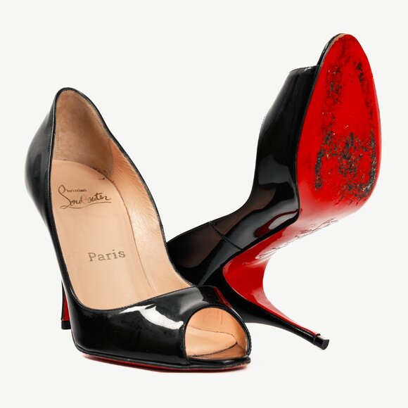 Christian Louboutin Yoyo 100 Black Patent Calf Leather Peep-Toe Pumps - Picture 4 of 9